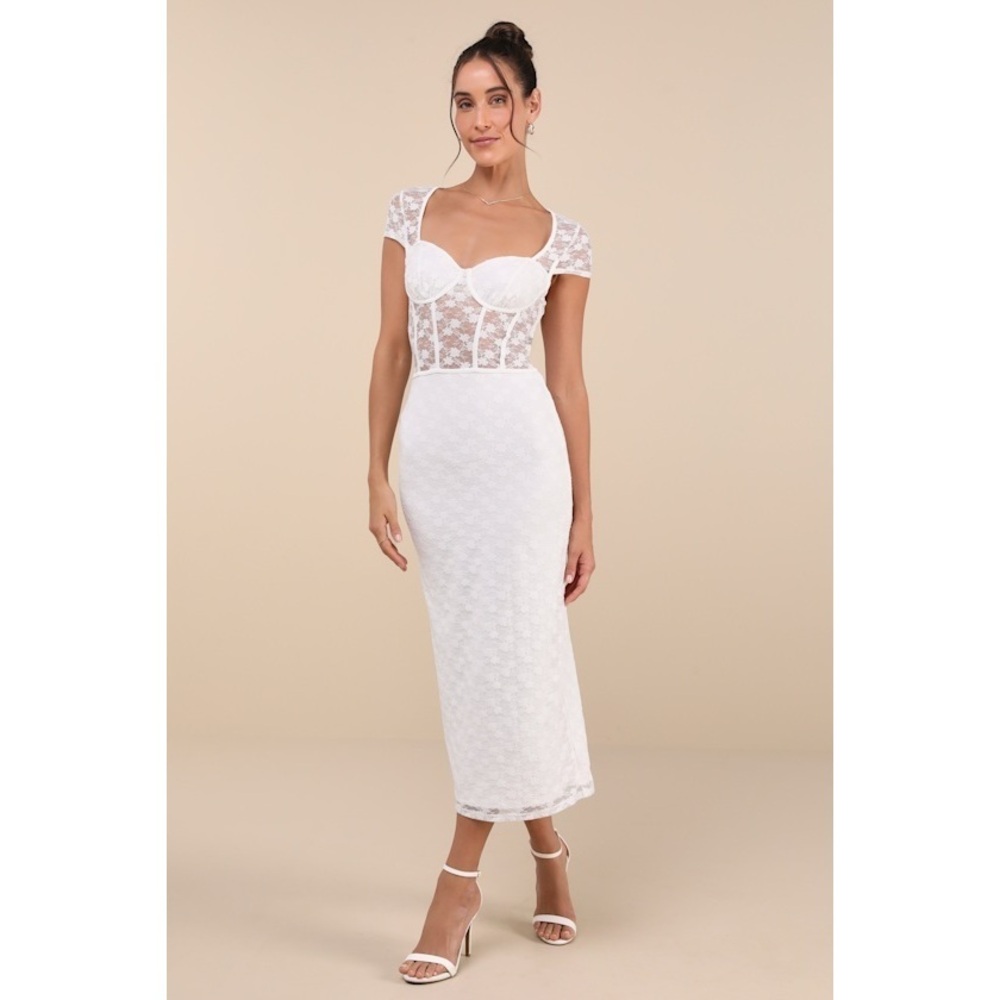 Lulus Flirtatious Presence White Sheer Lace Bustier Midi Dress - Size M